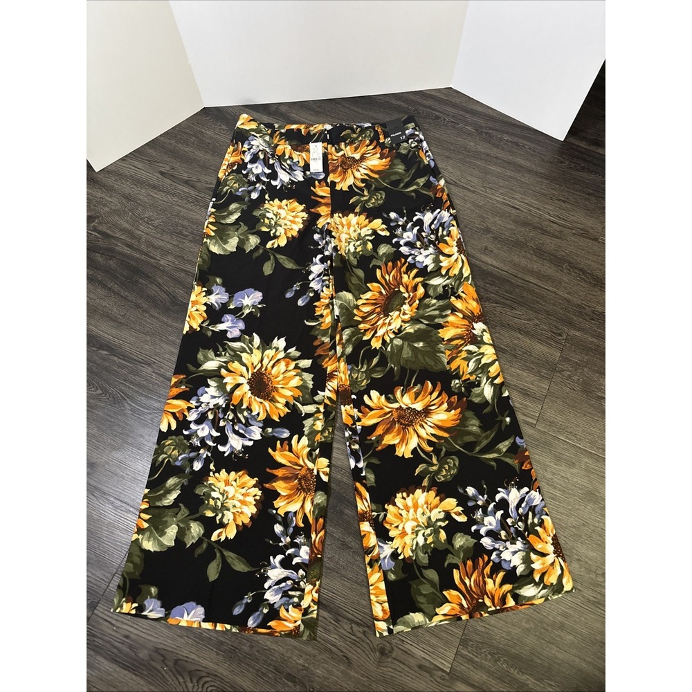NWT NY&Co Women Size 12 Sunflower Floral Wide Leg Stretch Trousers Boho Summer